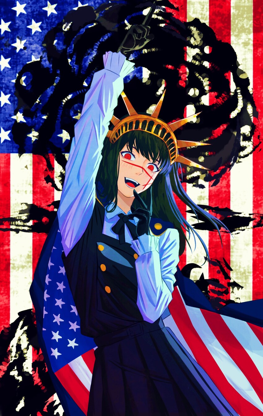 1girl, american_flag, black_hair, cape, chainsaw_man, cross_scar, dress, facial_scar