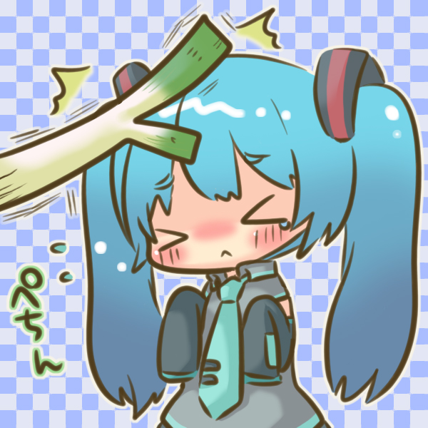 >_<, 1girl, :<, blue_hair, blush, checkered_background, chibi, closed_eyes, female_focus, hatsune_miku, hitting, long_hair, necktie, semausa, solo, spring_onion, teardrop, twintails, vocaloid