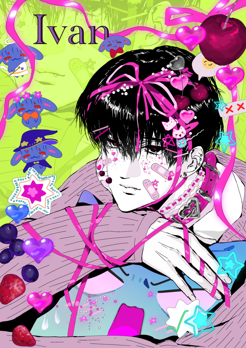 1boy, absurdres, alien_stage, animalization, apple, bandaid, bandaid_on_face, blueberry