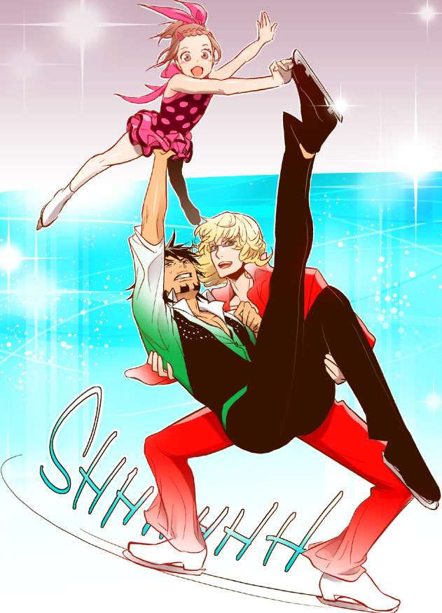 10s, 1girl, 2boys, age_difference, bare_shoulders, barnaby_brooks_jr., blonde_hair, blush