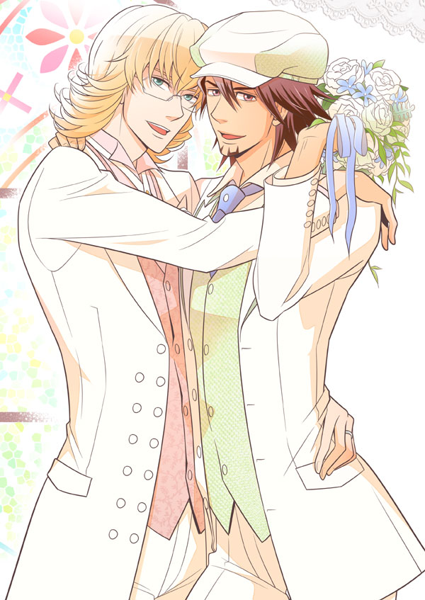 10s, 2boys, barnaby_brooks_jr., blonde_hair, bouquet, brown_eyes, brown_hair, newsboy_cap