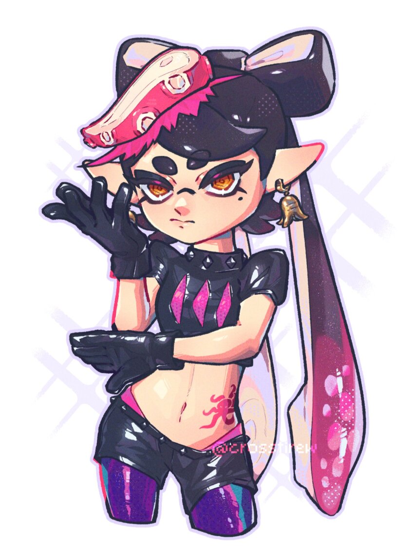 1girl, black_gloves, black_hair, black_shirt, black_shorts, bow-shaped_hair, brown_eyes, callie_(octo_idol_outfit)_(splatoon)