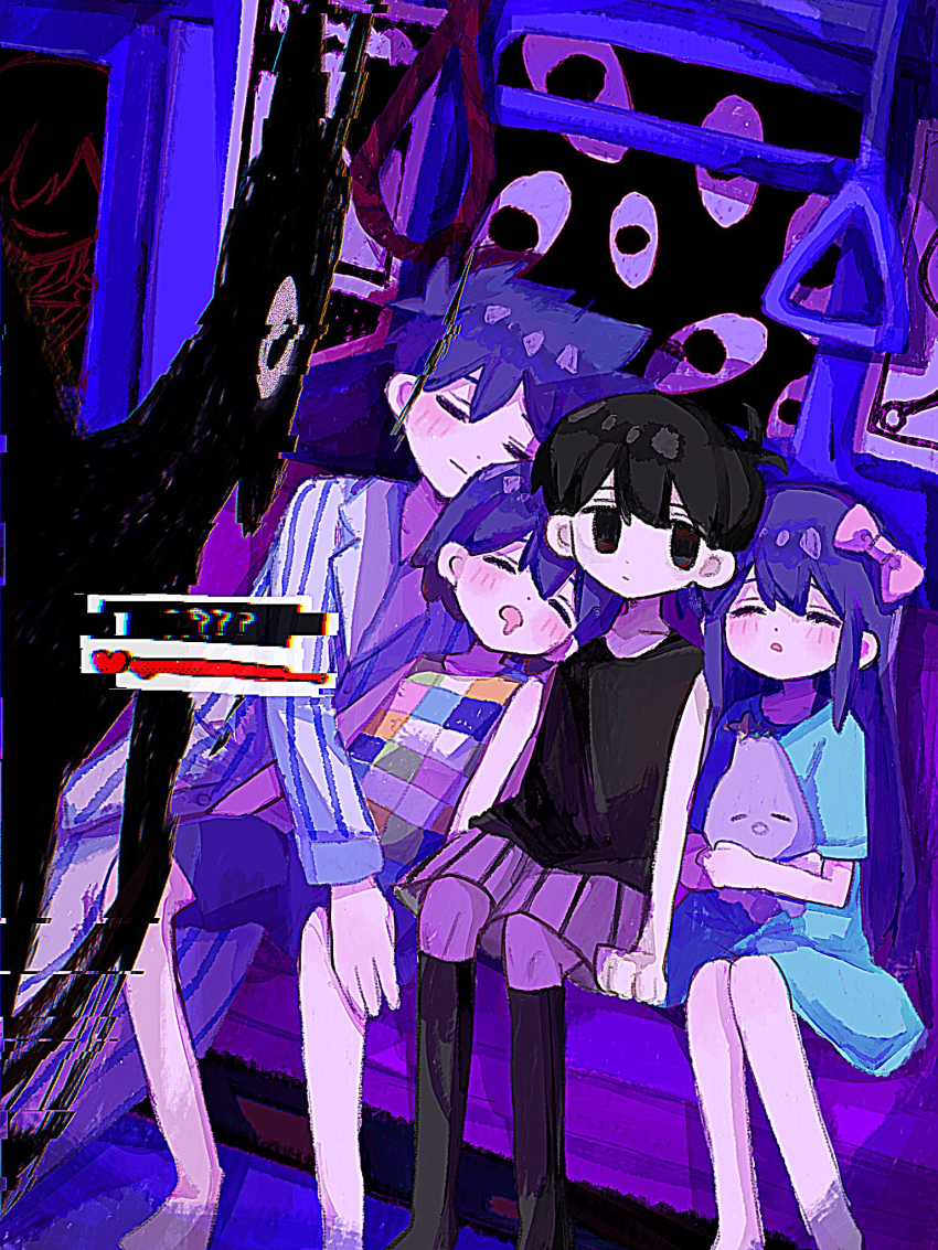 1girl, 3boys, antenna_hair, aubrey_(headspace)_(omori), aubrey_(omori), barefoot, black_socks, black_tank_top