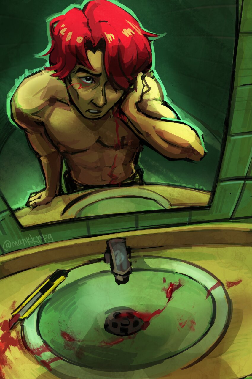 1boy, abs, absurdres, bathroom, black_eyes, blood, blood_drip, blood_on_body
