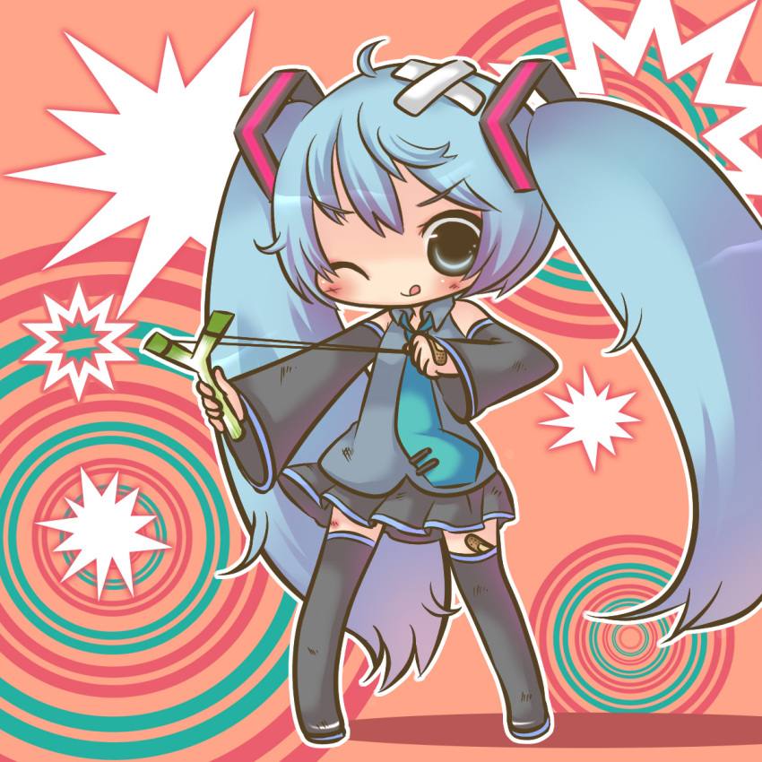 1girl, ;q, bandages, bandaid, blue_eyes, blue_hair, chibi, concentric_circles