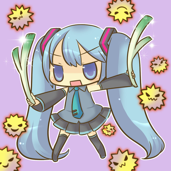 blue_eyes, blue_hair, chibi, dual_wielding, hatsune_miku, holding, long_hair, necktie