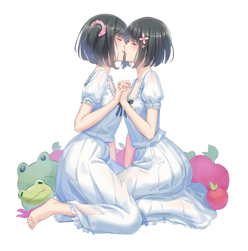 2girls, apple, barefoot, black_hair, closed_eyes, commentary, dress, flowers_(innocent_grey), food, fruit, hair_ornament, hair_scrunchie, hashtag-only_commentary, highres, holding_hands, imminent_kiss, incest, interlocked_fingers, kafkasea, mole, mole_under_eye, multiple_girls, one_side_up, parted_lips, sasaki_ichigo, sasaki_ringo, scrunchie, shirt, short_sleeves, siblings, simple_background, sisters, stuffed_animal, stuffed_crocodile, stuffed_toy, white_background, white_dress, yuri