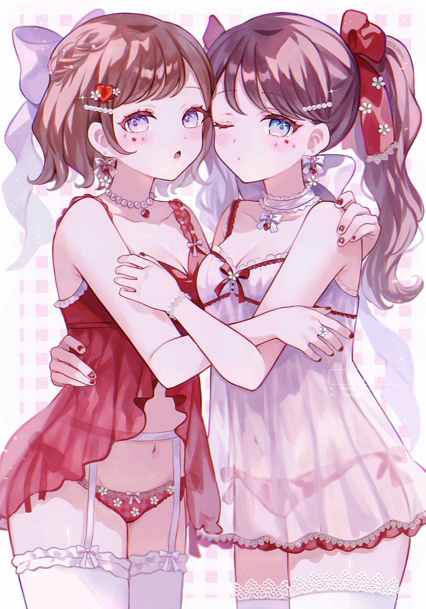 2girls, absurdres, bare_arms, bare_shoulders, blue_eyes, blush, bow, breasts, brown_hair, cleavage, closed_mouth, collarbone, cowboy_shot, dress, earrings, frilled_thighhighs, frills, hair_bow, hair_ornament, hair_ribbon, heart, heart_hair_ornament, highres, ilis_0226, jewelry, long_hair, looking_at_viewer, medium_breasts, multiple_girls, nail_polish, navel, necklace, one_eye_closed, open_mouth, original, panties, purple_eyes, red_dress, red_nails, red_panties, red_ribbon, ribbon, see-through_clothes, see-through_dress, short_hair, sleeveless, sleeveless_dress, thighhighs, twintails, underwear, white_dress, white_thighhighs