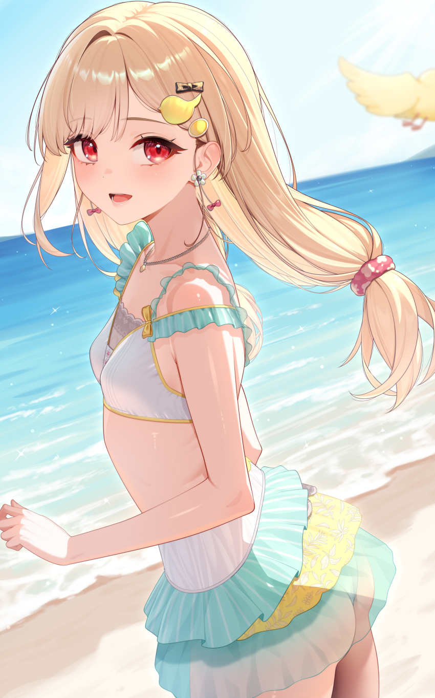 1girl, ass, bare_shoulders, beach, bikini, bikini_skirt, bird, bird_hair_ornament