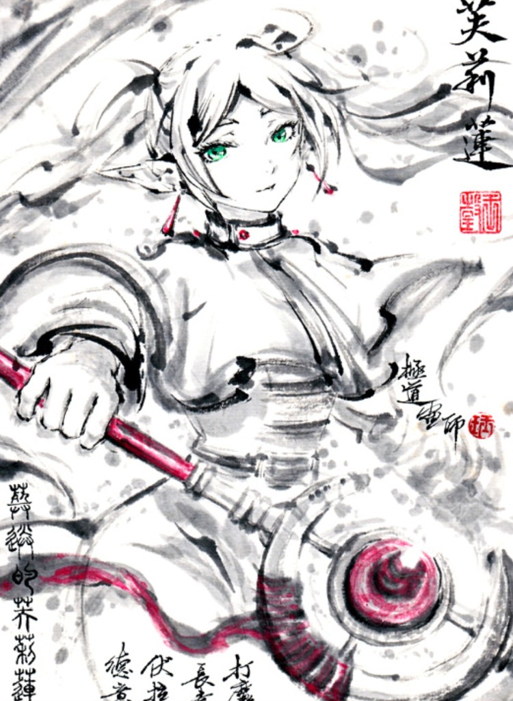 1girl, capelet, earrings, elf, floating_hair, frieren, green_eyes, holding