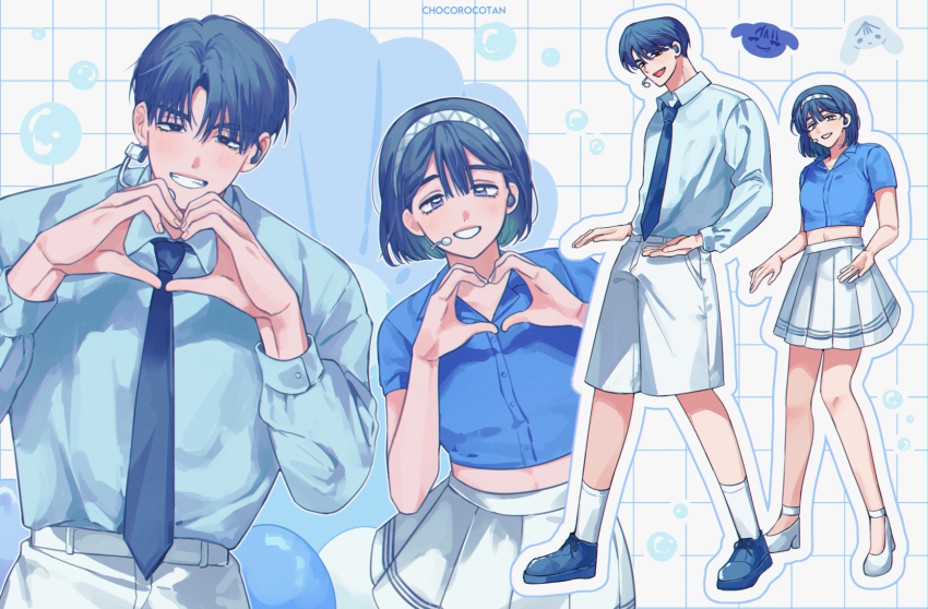 1boy, 1girl, alien_stage, artist_name, black_eyes, black_hair, black_necktie, blue_shirt, bob_cut, bubble, chocorocotan, collared_shirt, commentary, cropped_shirt, english_commentary, grid_background, hairband, headset, heart, heart_hands, high_heels, highres, ivan_(alien_stage), long_sleeves, microphone, midriff, necktie, pleated_skirt, purple_eyes, rabbit, shirt, shoes, short_sleeves, shorts, skirt, socks, sua_(alien_stage), white_hairband, white_shoes, white_shorts, white_skirt, white_socks
