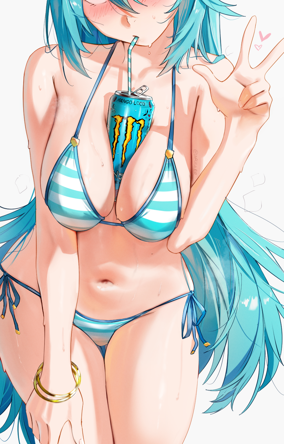 1girl, aqua_(konosuba), bikini, blue_bikini, blue_hair, breasts, can_between_breasts, commentary