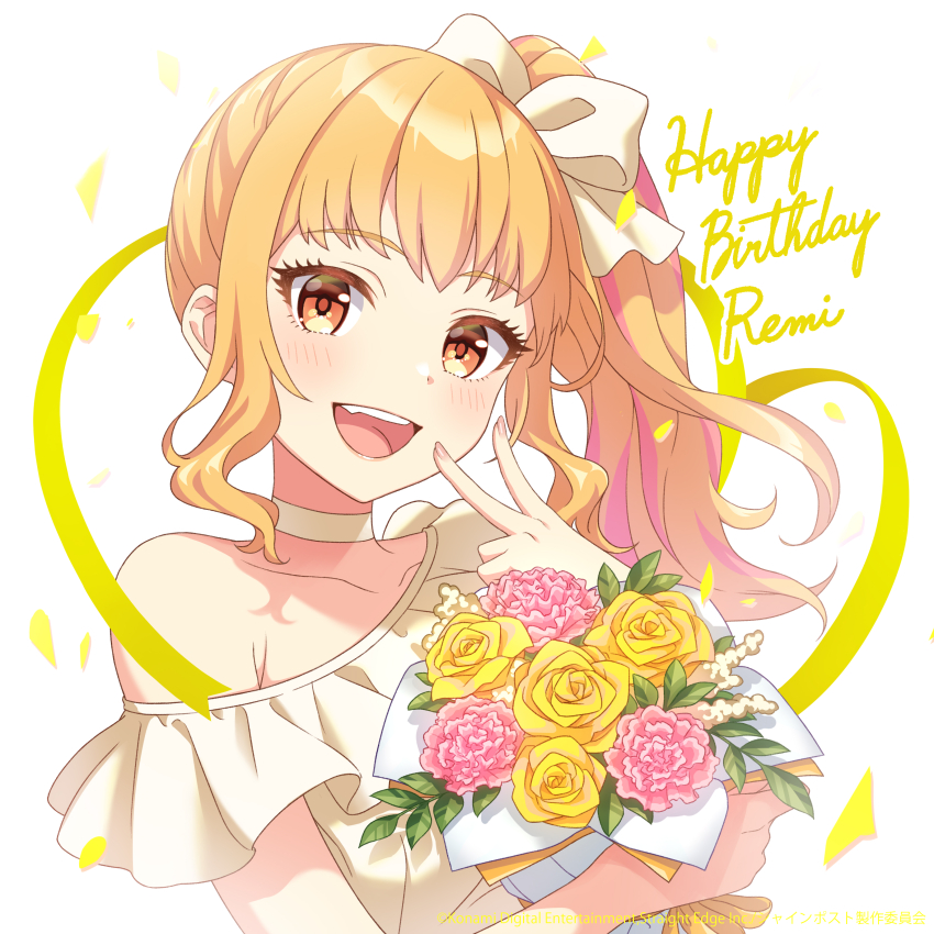 1girl, absurdres, artist_request, blonde_hair, bouquet, bow, choker, confetti