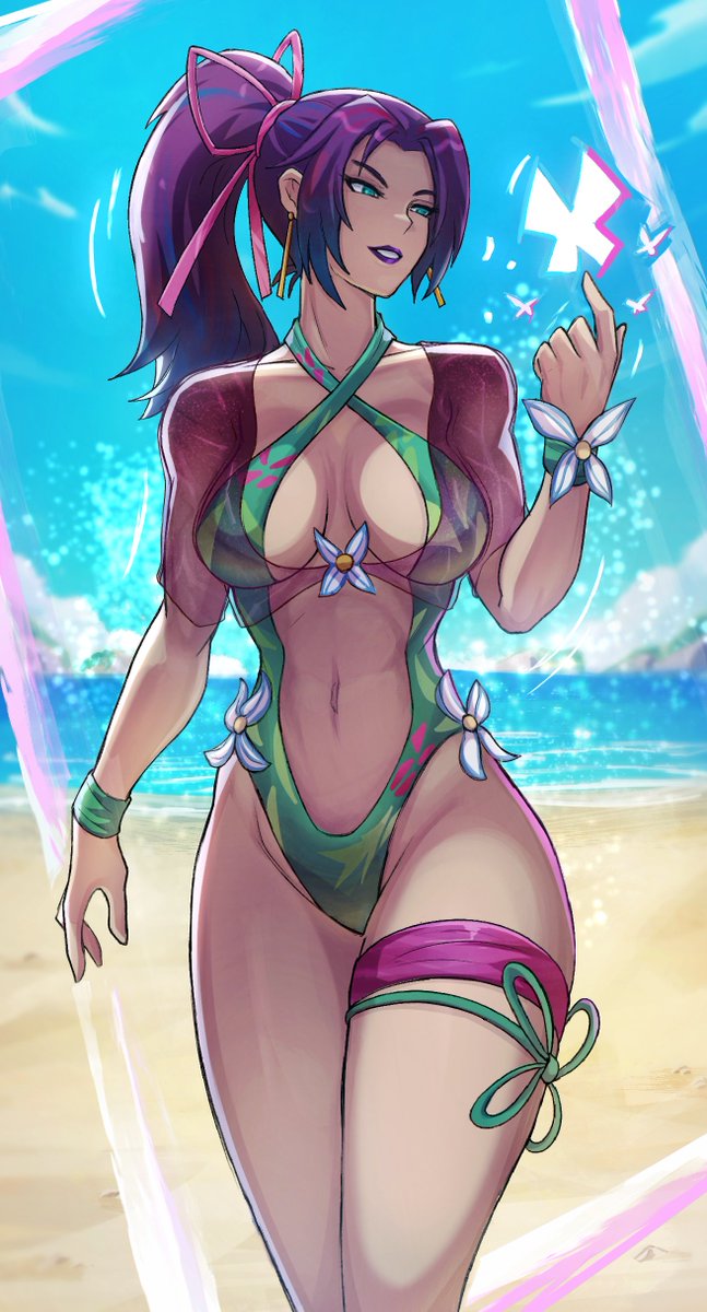 1girl, alex_dos_diaz, alternate_costume, breasts, butterfly_ornament, cleavage, curvy, green_lips