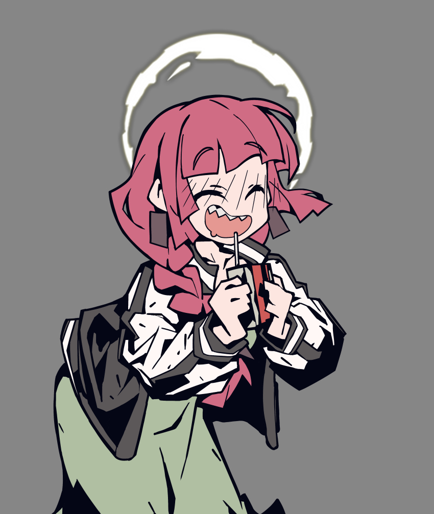 1girl, :d, ^_^, absurdres, alcohol_carton, black_jacket, blunt_bangs, blush