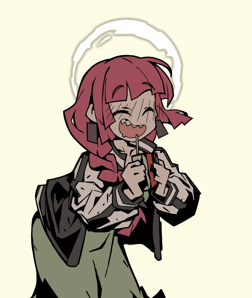 1girl, :d, ^_^, absurdres, alcohol_carton, black_jacket, blunt_bangs, blush