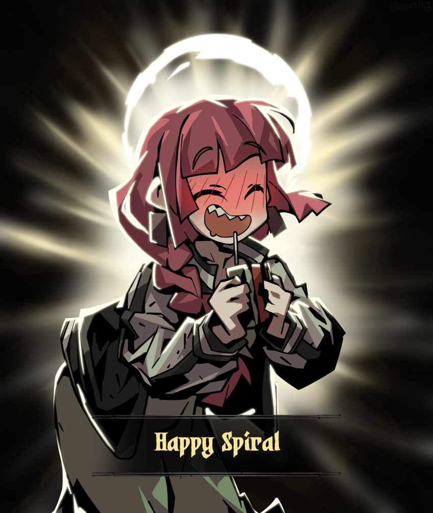 1girl, :d, ^_^, absurdres, alcohol_carton, backlighting, black_background, black_jacket, blunt_bangs, blush, bocchi_the_rock!, braid, closed_eyes, darkest_dungeon, dress, drink_carton, drinking_straw, drooling, drunk, english_text, full-face_blush, glowing, glowing_halo, green_dress, hair_over_shoulder, halo, happy, highres, hiroi_kikuri, holding, holding_carton, holding_drink_carton, jacket, leaning_forward, letterman_jacket, long_sleeves, mouth_drool, multicolored_jacket, open_clothes, open_jacket, open_mouth, outline, purple_hair, sharp_teeth, single_braid, smile, solo, teeth, two-tone_jacket, upper_teeth_only, virtue_(darkest_dungeon), waa153, white_background, white_halo, white_jacket, white_outline