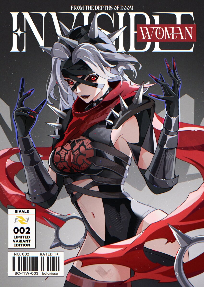 1girl, armor, bandaged_head, bandages, bclarissart, black_leotard, black_sclera, breasts