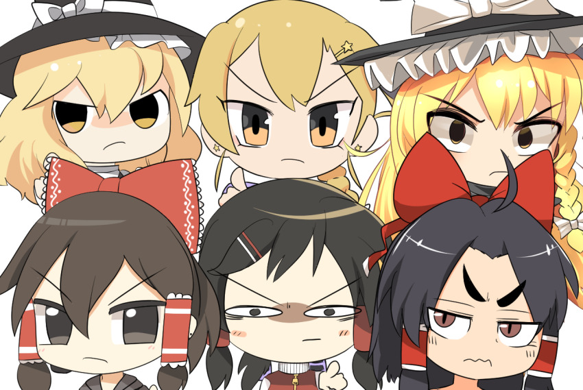 6+girls, black_hair, black_hat, blonde_hair, blush, bow, braid, brown_eyes