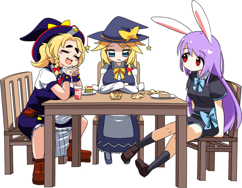 3girls, animal_ears, black_socks, blonde_hair, blue_bow, blue_bowtie, blue_eyes, boots, bow, bowtie, breasts, brown_boots, brown_shoes, burger, chair, closed_eyes, closed_mouth, commentary_request, cookie_(touhou), danidani_(cookie), food, frilled_skirt, frills, fruit, full_body, hat, hat_bow, hat_ornament, interlocked_fingers, kirisame_marisa, large_breasts, lets0020, loafers, long_hair, looking_at_another, mandarin_orange, medium_breasts, mooncake, multiple_girls, open_mouth, purple_hair, purple_skirt, purple_vest, rabbit_ears, rabbit_girl, red_bow, red_eyes, reisen_udongein_inaba, ruka_(cookie), shoes, short_hair, simple_background, skirt, smile, socks, star_(symbol), star_hat_ornament, table, touhou, transparent_background, very_long_hair, vest, yaoyao_(cookie), yellow_bow