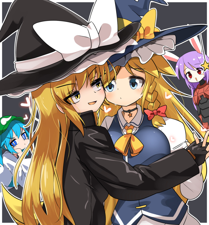 4girls, animal_ears, ariga_(cookie), black_bodysuit, black_hat, blonde_hair, blue_eyes, blue_hair, blush, bodysuit, bow, braid, breasts, closed_mouth, commentary_request, cookie_(touhou), danidani_(cookie), dutch_angle, frilled_hat, frills, green_hat, grey_background, grey_vest, hair_bow, hat, hat_bow, hat_ornament, highres, kawashiro_nitori, kirisame_marisa, large_breasts, lets0020, llubia_(cookie), long_hair, looking_at_another, multiple_girls, newsboy_cap, open_mouth, rabbit_ears, rabbit_girl, red_eyes, reisen_udongein_inaba, ruka_(cookie), short_hair, side_braid, single_braid, smile, star_(symbol), star_hat_ornament, touhou, upper_body, vest, white_bow, witch_hat, yellow_bow