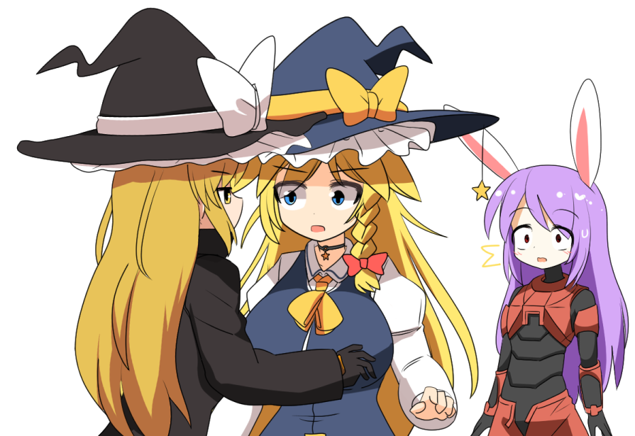 3girls, animal_ears, black_bodysuit, black_gloves, black_hat, blonde_hair, blue_eyes, bodysuit