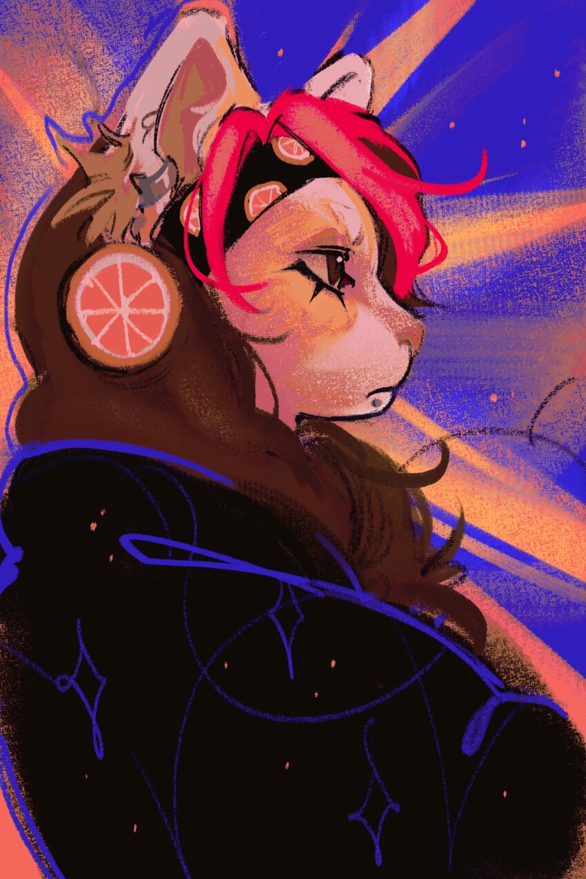 1girl, absurdres, animal_ears, black_hoodie, brown_hood, cat_ears, chin_piercing, commentary