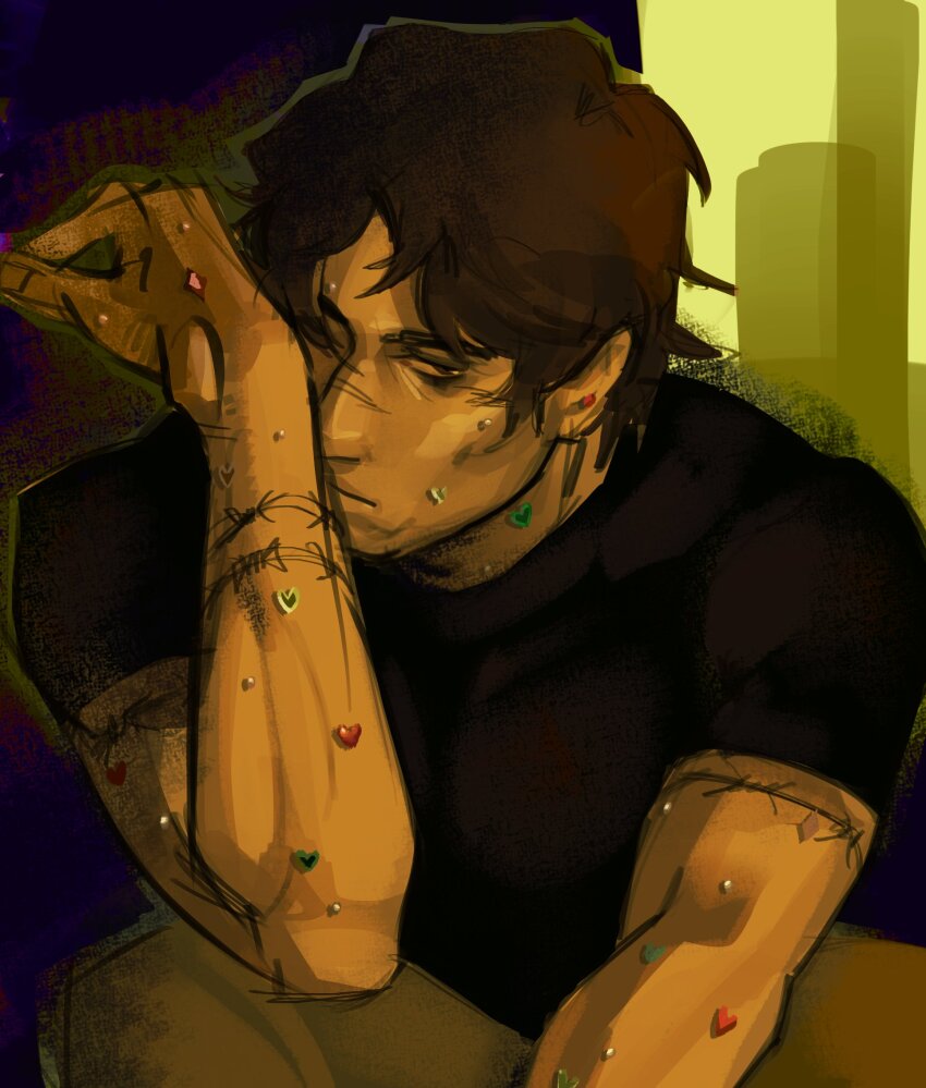 1boy, bags_under_eyes, black_eyes, black_shirt, bloodshot_eyes, brown_hair, commentary, elbow_on_knee