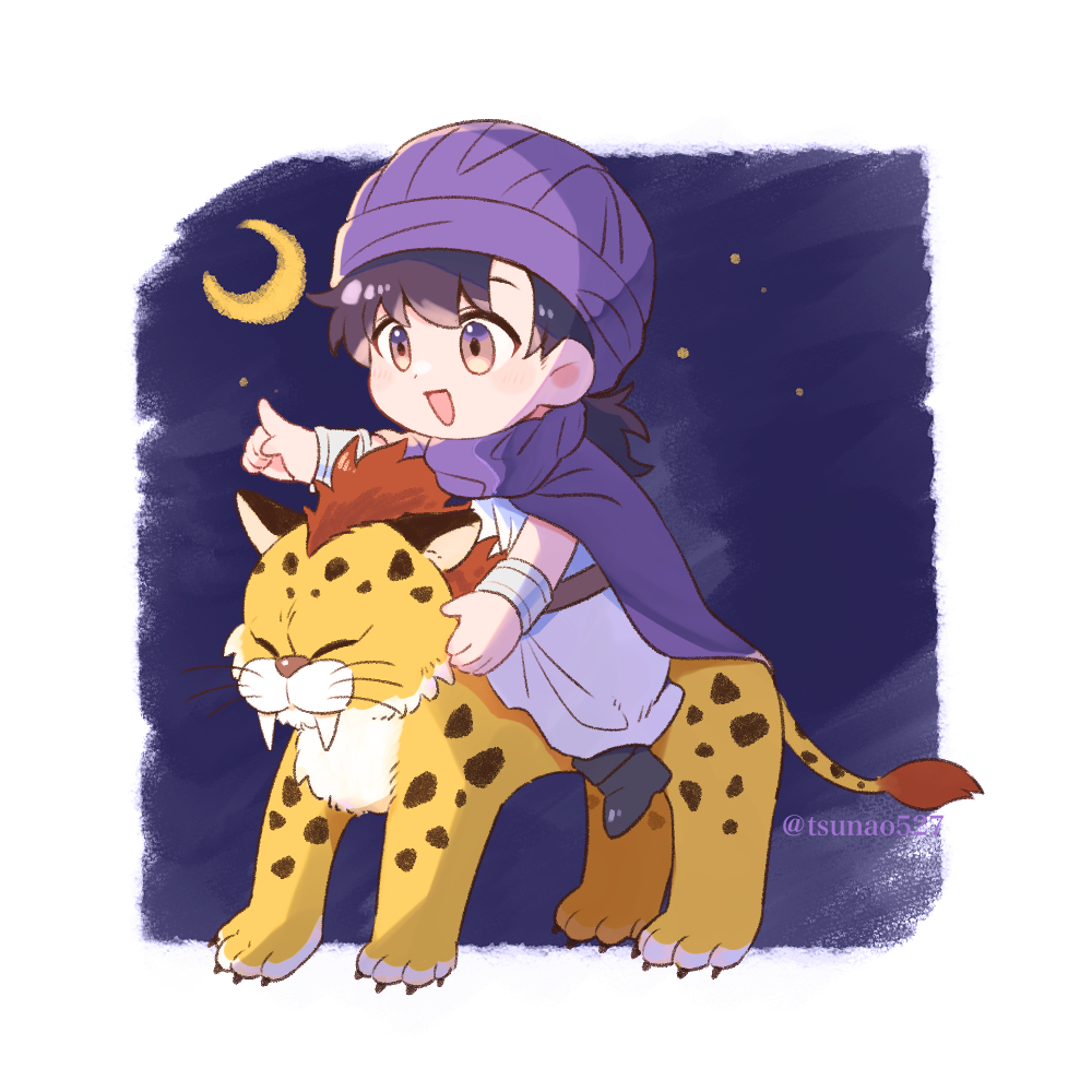 1boy, artist_name, black_hair, border, borongo, commentary_request, crescent_moon, dragon_quest