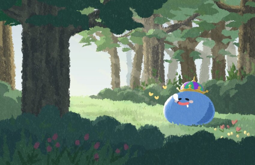 =_=, commentary_request, crown, dragon_quest, drooling, forest, grass, king_slime_(dragon_quest)
