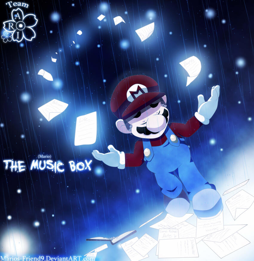 1boy, absurdres, artist_name, large_nose, blue_overalls, character_name, closed_eyes, commentary, corpsesyndrome, english_commentary, facial_hair, full_body, gloves, hat, highres, mario, mario_the_music_box, mustache, overalls, paper, rain, red_hat, solo, watermark, web_address, white_gloves