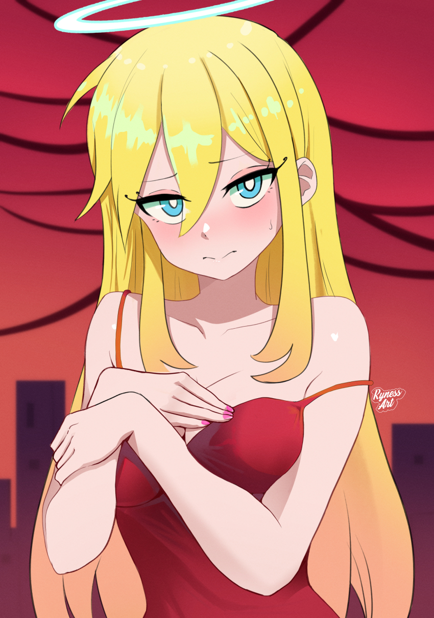 1girl, blonde_hair, blue_eyes, breasts, city, closed_mouth, dress, halo, highres, long_hair, looking_at_viewer, medium_breasts, panty_&amp;_stocking_with_garterbelt, panty_(psg), pink_nails, red_dress, red_sky, ryness, shy_panty_(psg), sky, solo, sweatdrop, white_halo