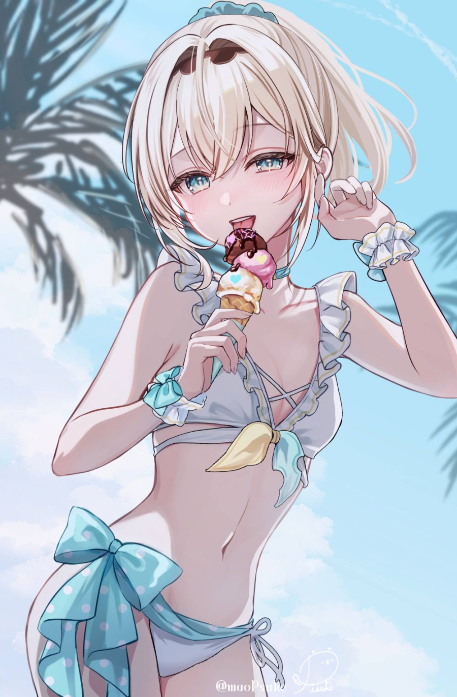 1girl, aqua_bow, aqua_eyes, artist_name, bikini, black_hairband, blonde_hair, blue_sky