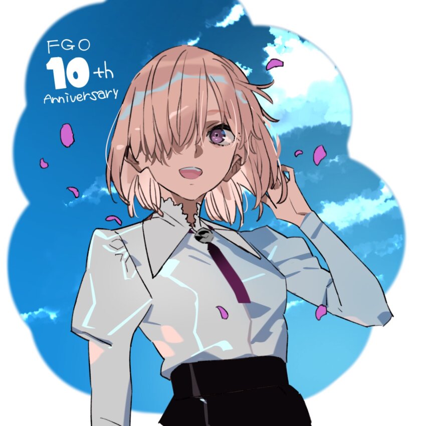 1girl, adjusting_hair, black_skirt, blue_sky, collared_shirt, fate/grand_order, fate_(series), highres