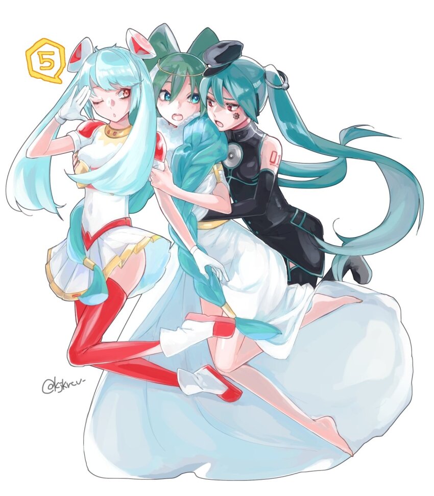 aqua_eyes, aqua_hair, arm_tattoo, ass, bare_shoulders, barefoot, black_boots, black_dress