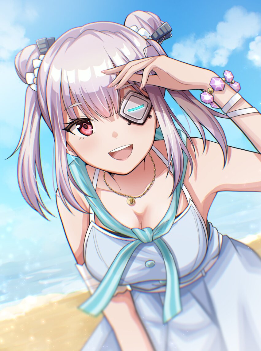 arm_up, beach, bracelet, breasts, cleavage, grey_hair, hair_bun, hair_ornament