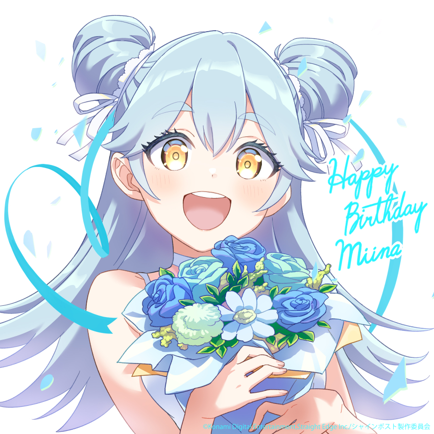 1girl, absurdres, aqua_flower, aqua_hair, artist_request, blue_flower, blue_rose, bouquet