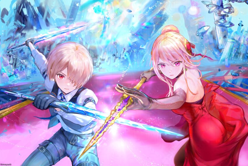 2girls, blonde_hair, dress, dual_wielding, formal_clothes, gloves, hair_over_one_eye, heaven_burns_red