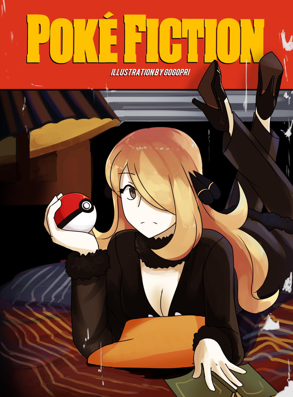 1girl, black_shoes, blonde_hair, book, breasts, cleavage, commentary, cynthia_(pokemon)