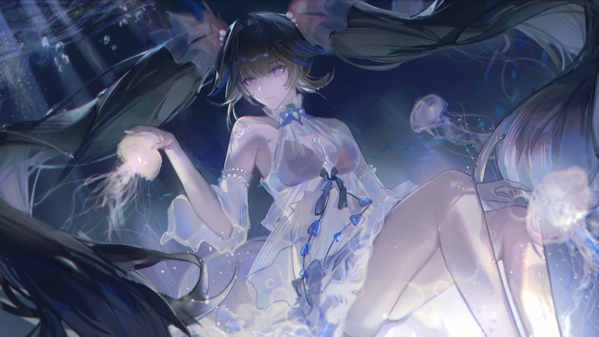 1girl, alternate_costume, bare_legs, black_hair, blue_streaks, breasts, cleavage, dappled_sunlight