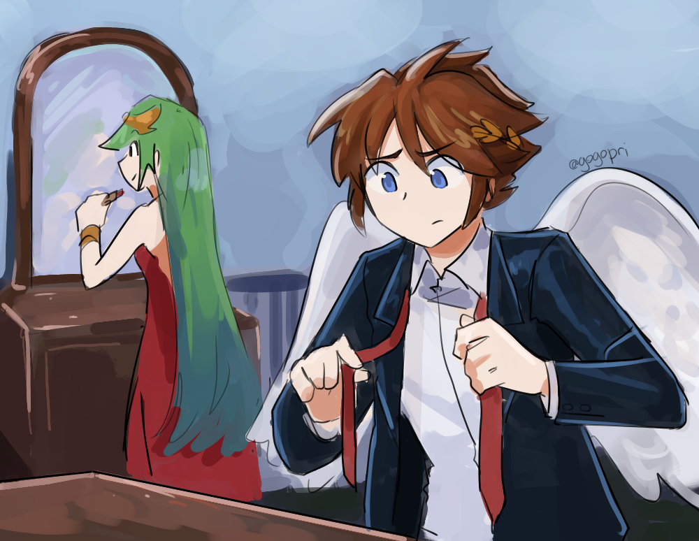 1boy, 1girl, adjusting_clothes, adjusting_necktie, alternate_costume, angel, angel_wings, black_jacket