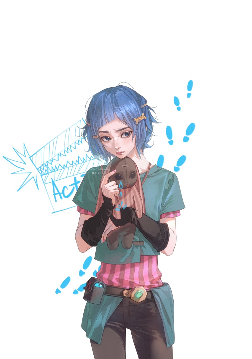 1girl, absurdres, aqua_shirt, arcane:_league_of_legends, arm_guards, arm_warmers, artist_name, black_arm_warmers