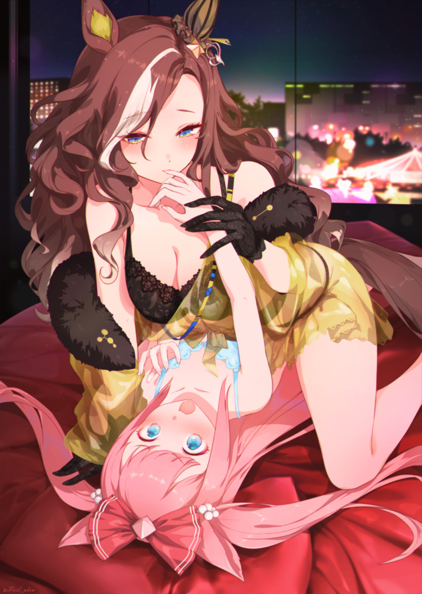 2girls, agnes_digital_(umamusume), animal_ears, bed, blue_eyes, blurry, blurry_background, blush, breasts, brown_hair, cleavage, closed_mouth, collarbone, commentary_request, commission, daring_heart_(umamusume), hair_between_eyes, hair_ornament, highres, horse_ears, horse_girl, horse_tail, lingerie, long_hair, looking_at_viewer, multiple_girls, open_mouth, pink_hair, ryuutai_no_kimagure, skeb_commission, small_breasts, tail, umamusume, underwear, yuri