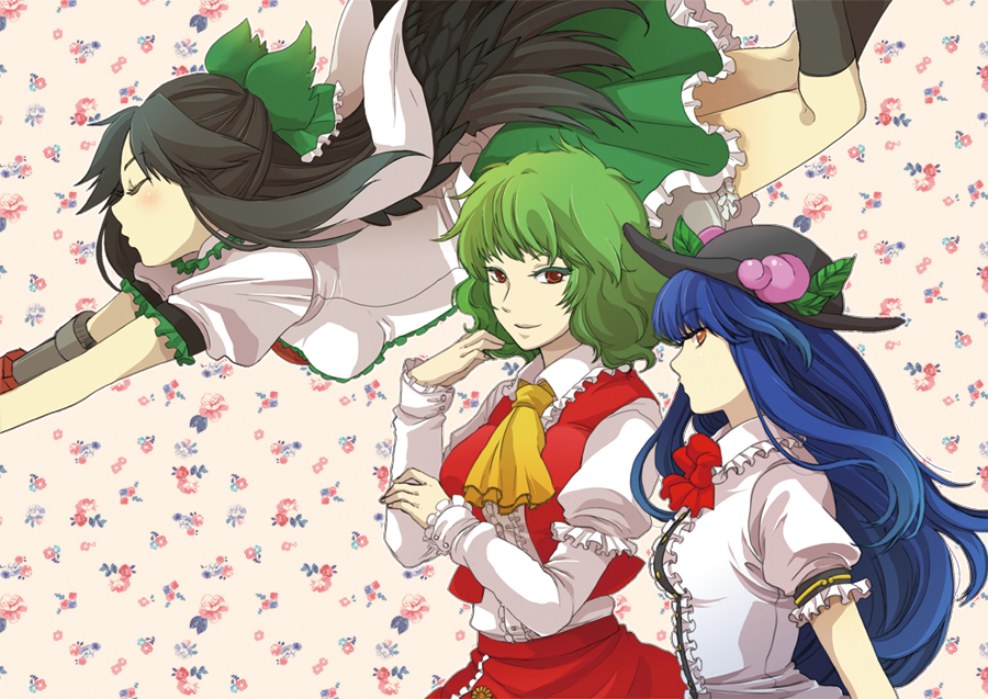 3girls, arm_cannon, ascot, bad_id, bad_pixiv_id, black_hair, black_socks, bloomers