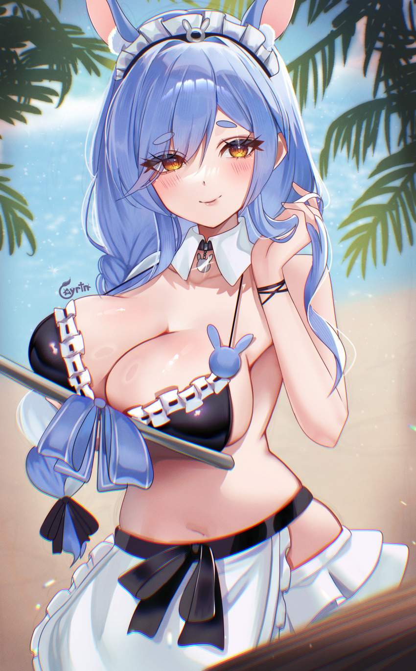 1girl, absurdres, alternate_eye_color, animal_ears, apron, ayrinsama, beach, bikini