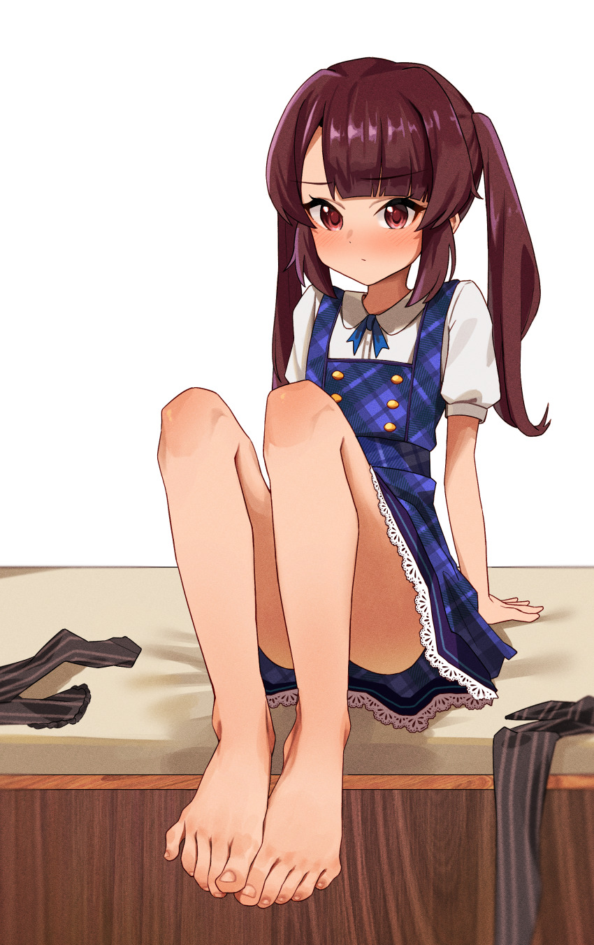 1girl, absurdres, barefoot, blush, brown_eyes, brown_hair, cabbage_(chlehd2239), feet
