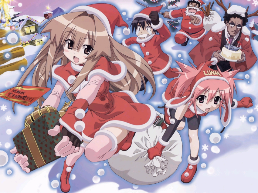 00s, 2girls, 3boys, afro, christmas, edomae_lunar, highres, masa