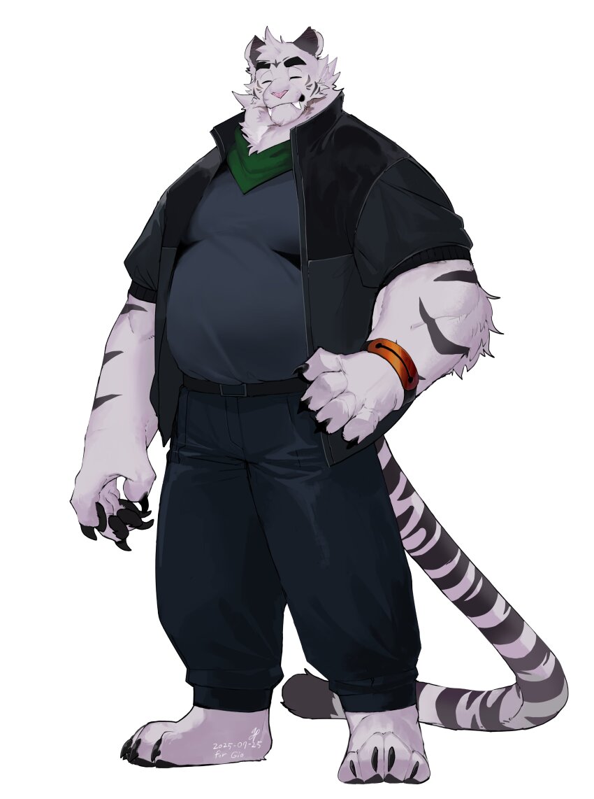 1boy, absurdres, animal_ears, axel_(rtf), barefoot, belly, black_jacket, black_pants