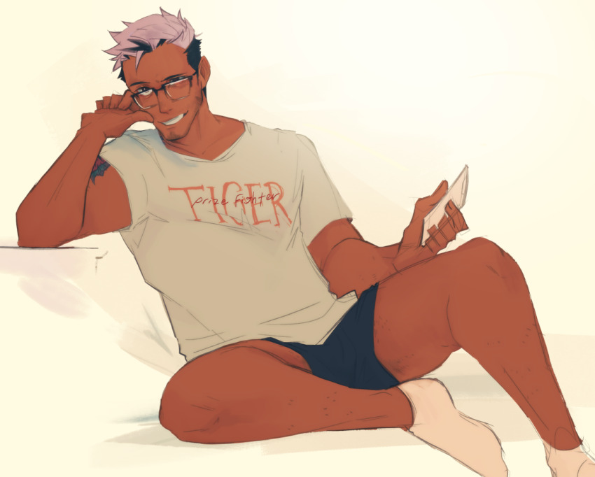 1boy, arm_tattoo, dark-skinned_male, dark_skin, drawfee, facial_hair, glasses, grin