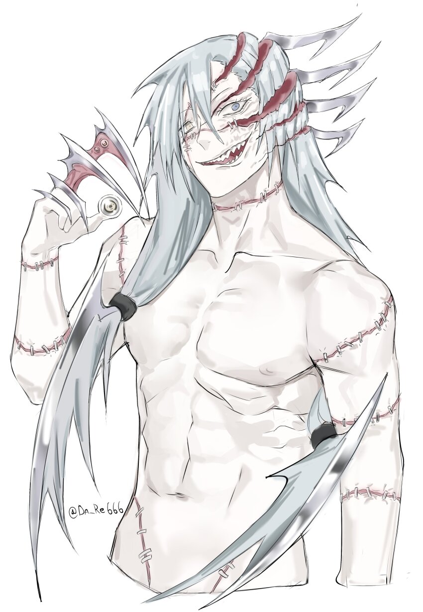 1boy, abs, absurdres, blue_eyes, blue_hair, collarbone, cropped_torso, da_re666